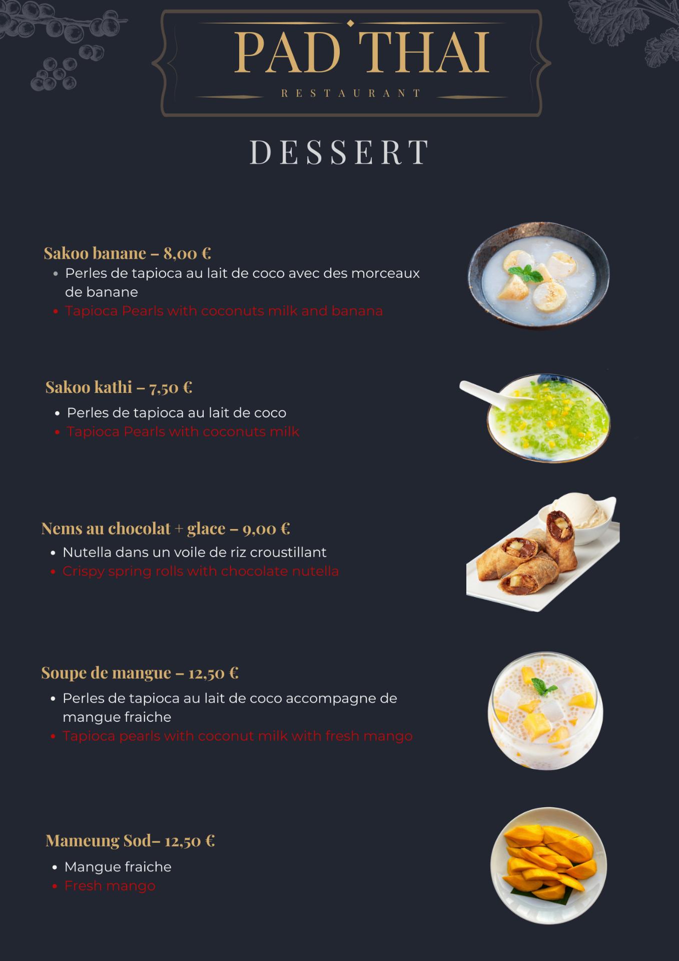 Carte imprimée — Desserts